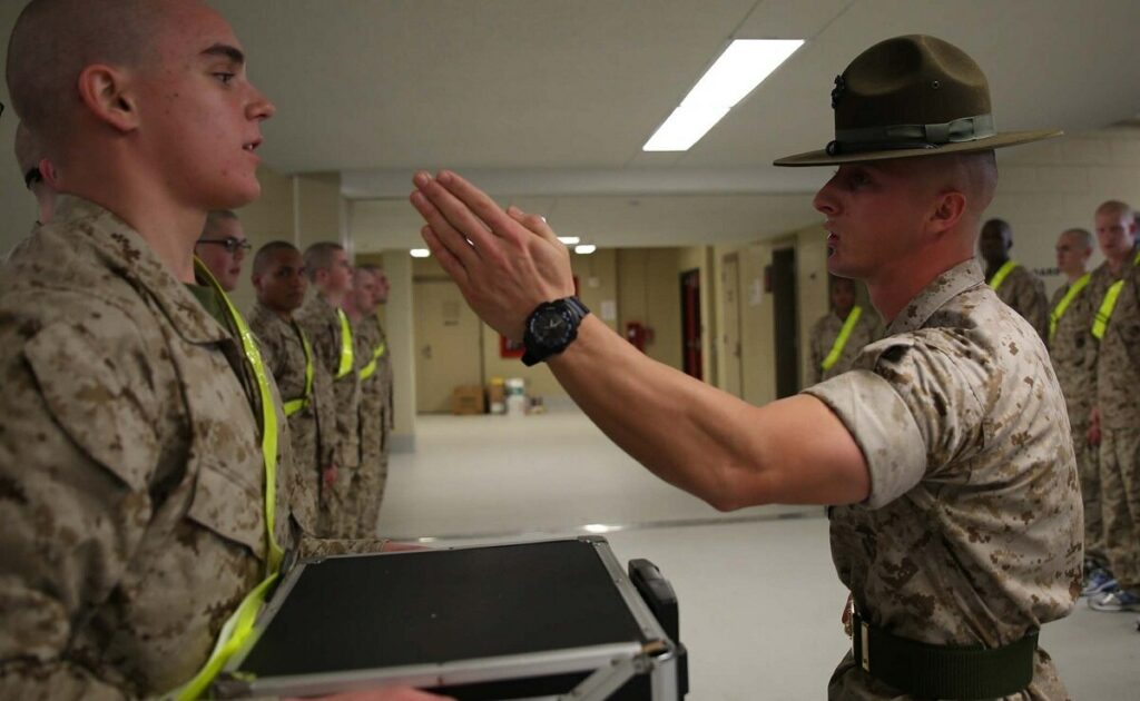 marine drill instructor executing a knife hand