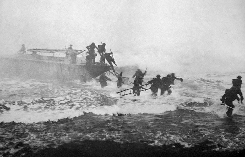 A photo of Churchill storming a beach on D-day