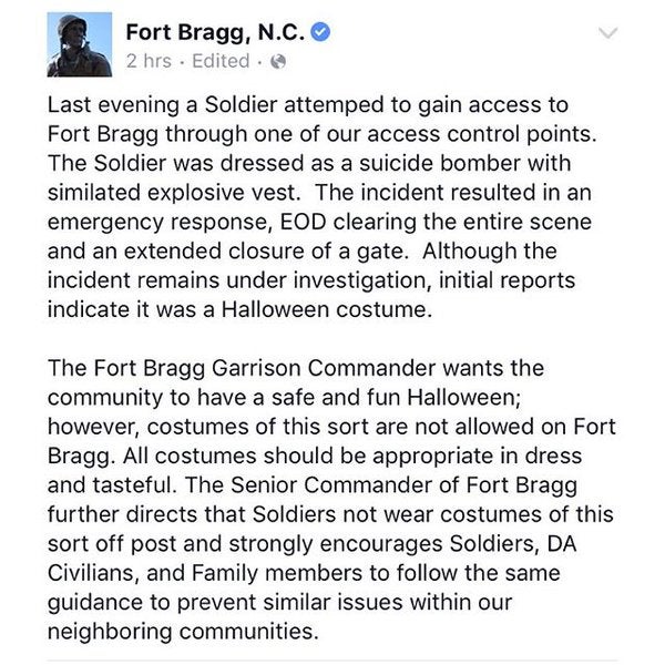 A soldier in a suicide bomber Halloween costume freaked out a US Army base