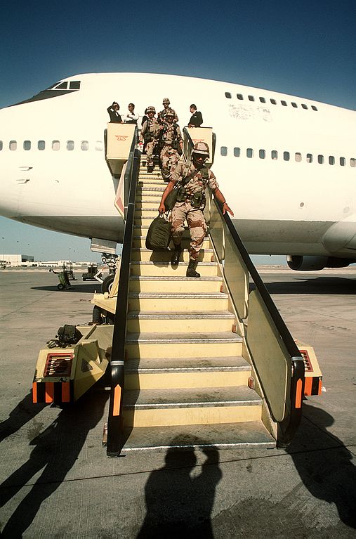  A civilian Boeing 747 offloading troops in Saudi Arabia during Operation Desert Shield while serving on CRAF duty (Photo US Air Force)