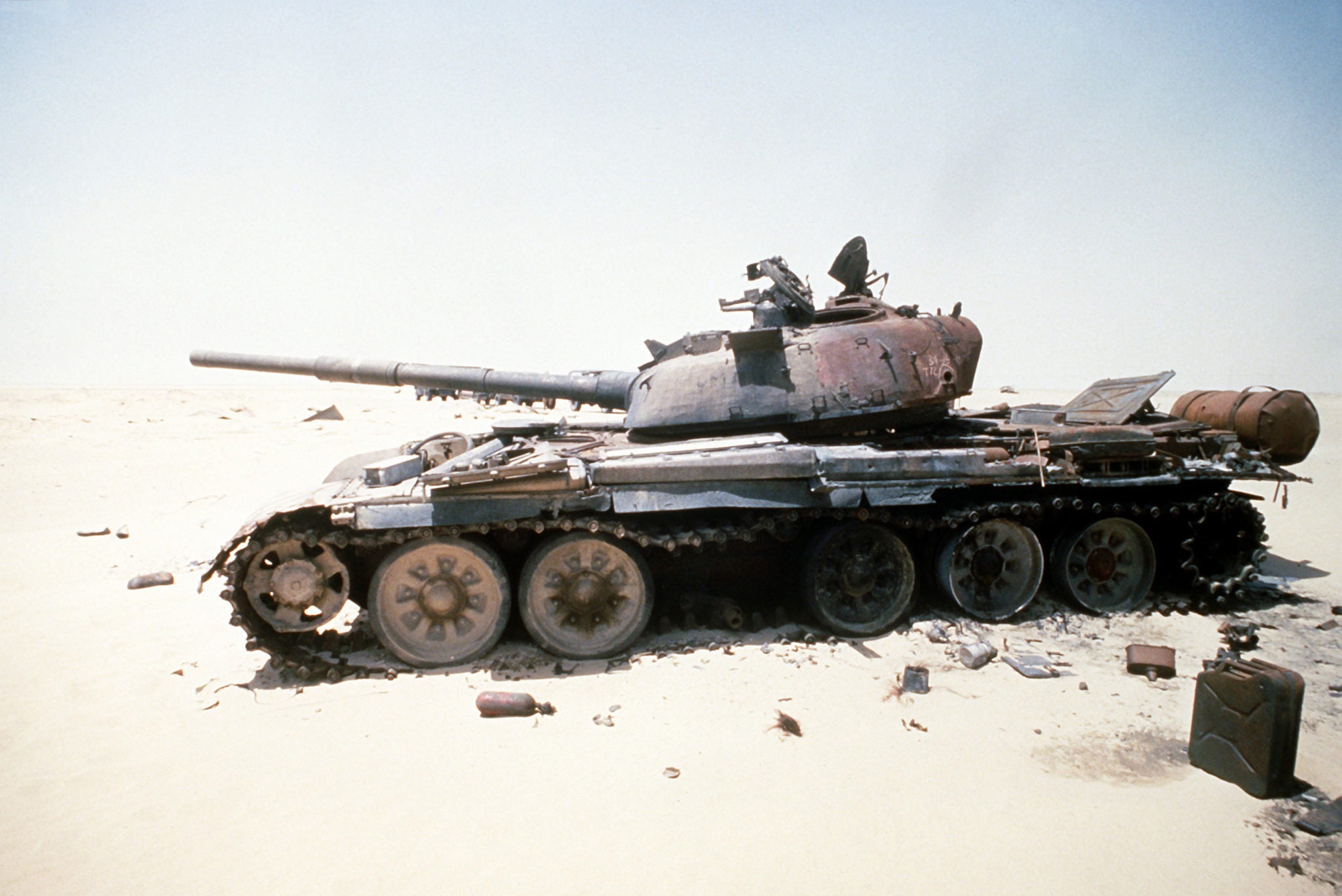 A destroyed Iraqi T-72 main battle tank