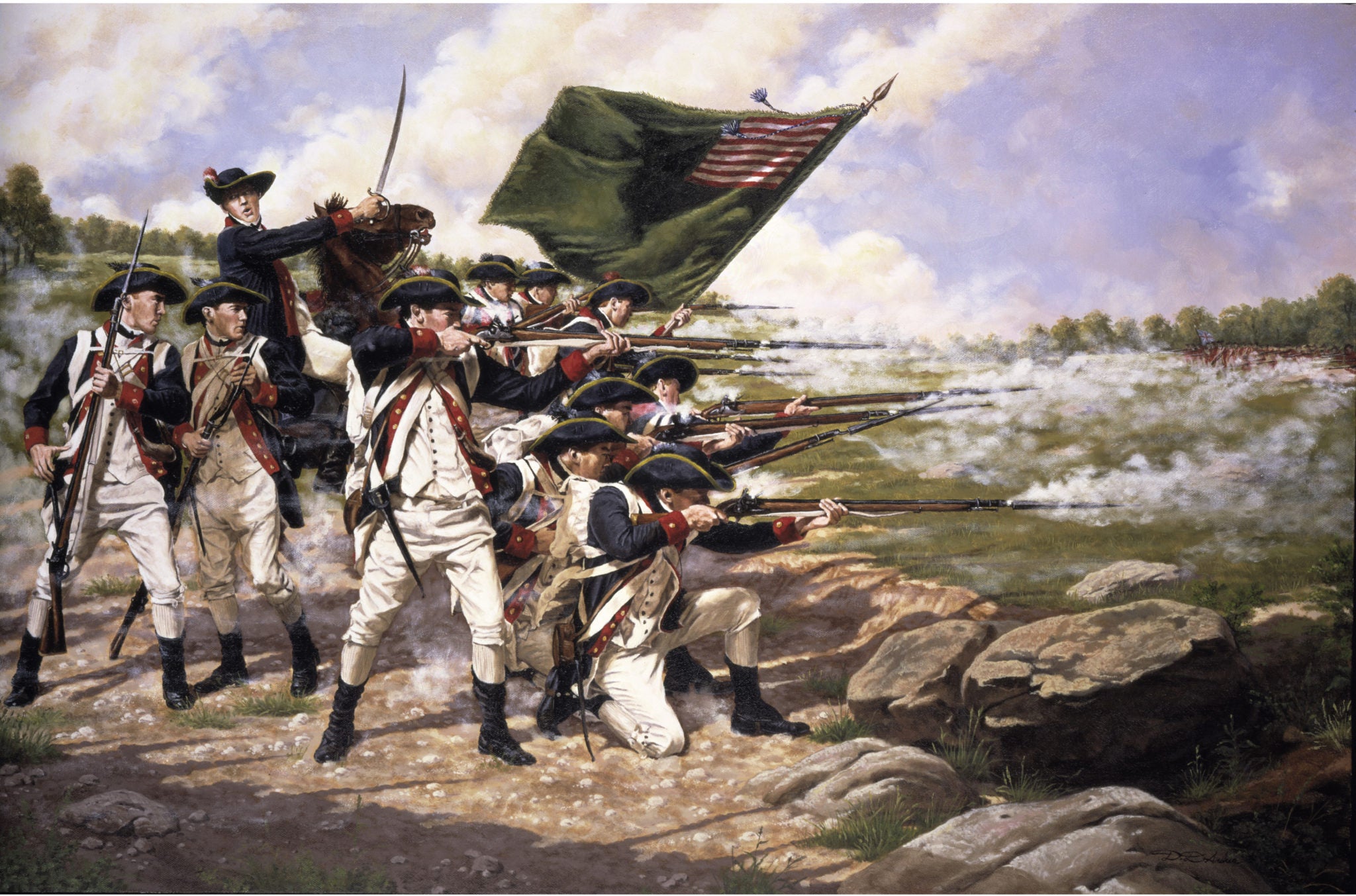 Troops fire in line during the Revolutionary War, defeating the British plan. 