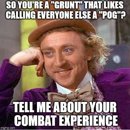 Meme making fun of troops. "You're a grunt that likes calling everyone else a pog? Tell me about your combat experience