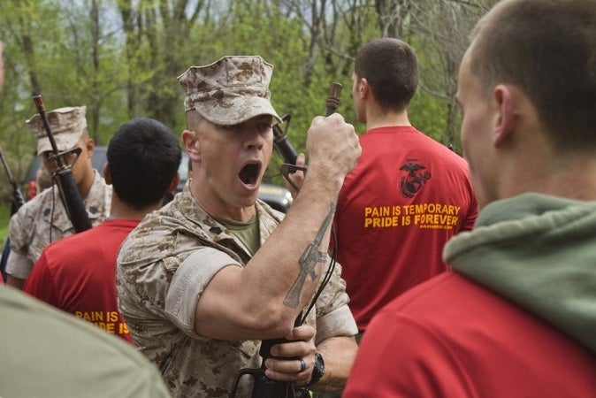 Drill sergeant yelling at those considering joining the military