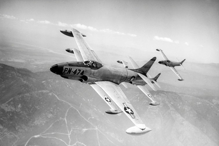 U.S. Air Force P-80 Shooting Stars with drop tanks.

