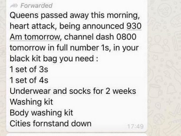 WhatsApp message claiming the Queen died spread by confused Navy staffer