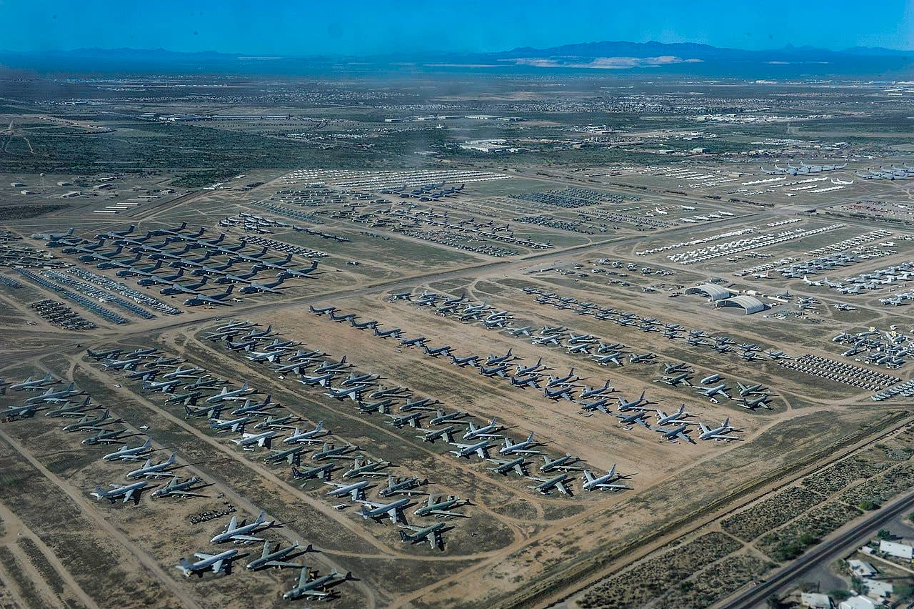 150327-N-MV308-544 .DAVIS-MONTHAN AIR FORCE BASE, Ariz. (March 28, 2015) An aerial view of retired military planes taken from aircraft 916, a P-3C Orion maritime patrol aircraft from the Golden Eagles of Patrol Squadron (VP) 9, as it circles the 309th Aerospace Maintenance and Regeneration Group (309 AMARG) at Davis-Monthan Air Force Base in Tucson, Ariz. The 309 AMARG is responsible for the storage and maintenance of aircraft for future redeployment, parts, or proper disposal following retirement by the military. (U.S. Navy photo by Mass Communication Specialist 3rd Class Amber Porter/Released)