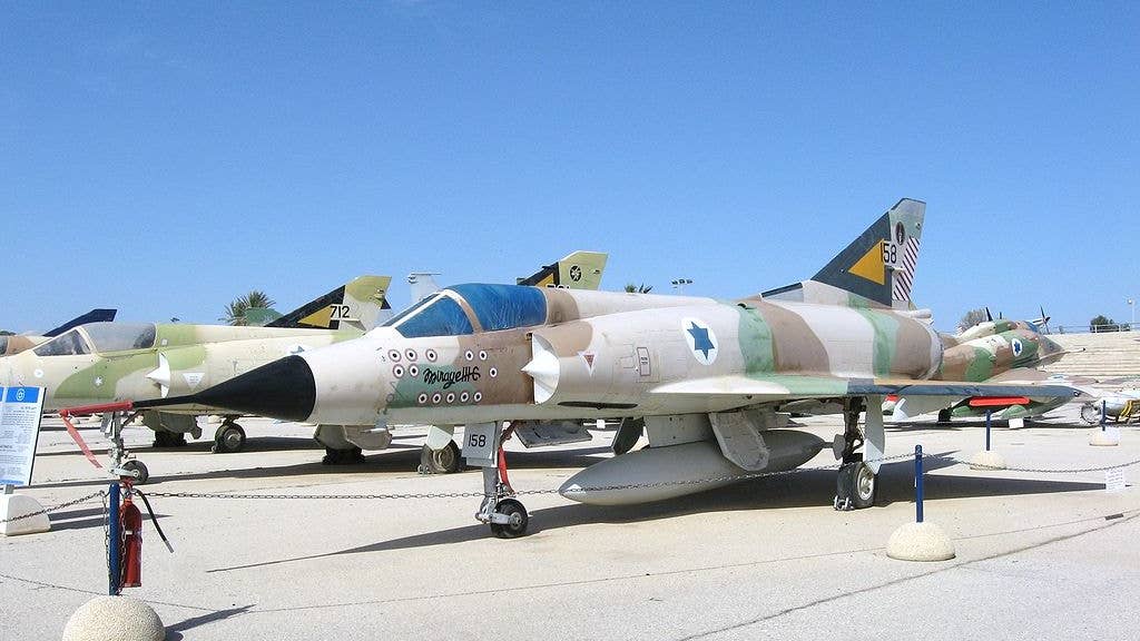 Israeli Air Force Mirage IIICJ 158 at the Israeli Air Force Museum in Hatzerim. Bears 13 kills markings and the colours of 101 Squadron. (Wikimedia Commons)