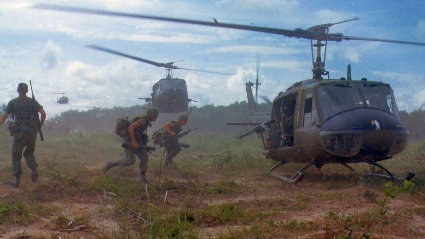 U.S. Army Bell UH-1D helicopters airlift members of the 2nd Battalion, 14th Infantry Regiment from the Filhol Rubber Plantation area to a new staging area, during Operation "Wahiawa", a search and destroy mission conducted by the 25th Infantry Division, northeast of Cu Chi, South Vietnam, 1966. (Wikimedia Commons)