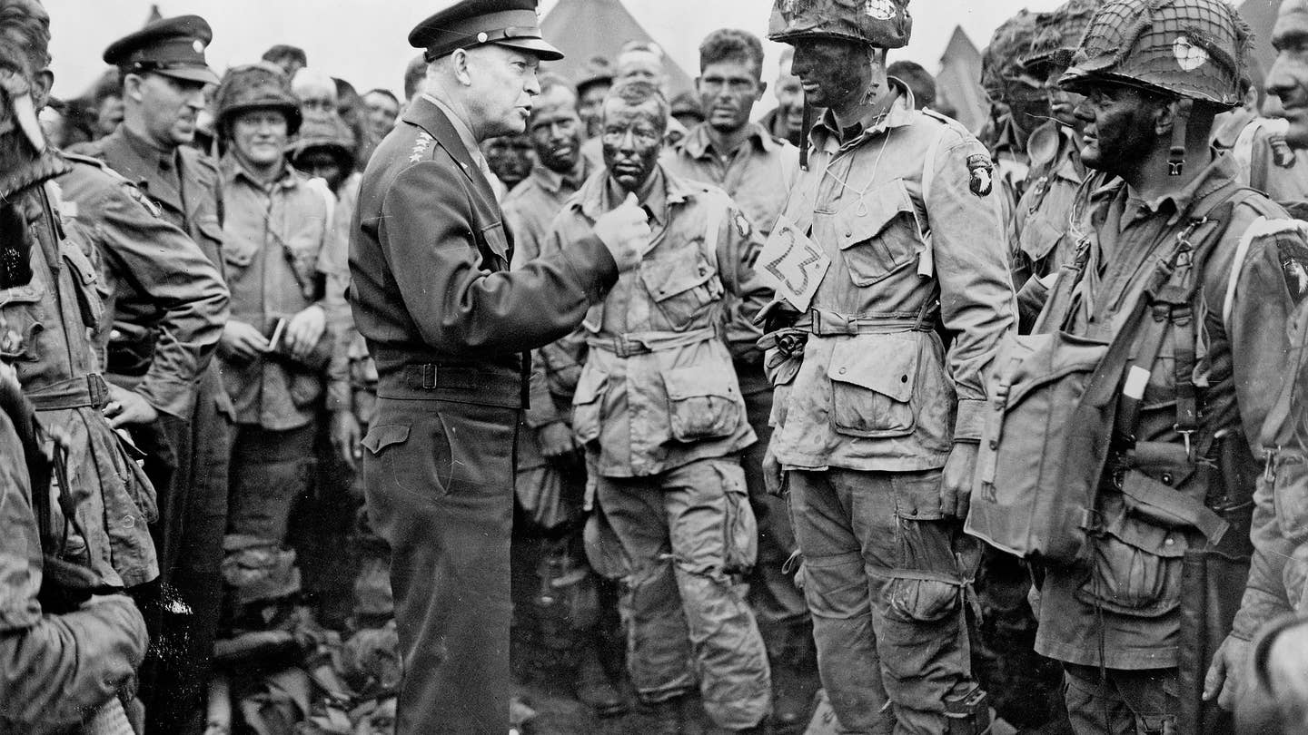 General Dwight D. Eisenhower addresses American paratroopers prior to D-Day. (Wikimedia Commons)