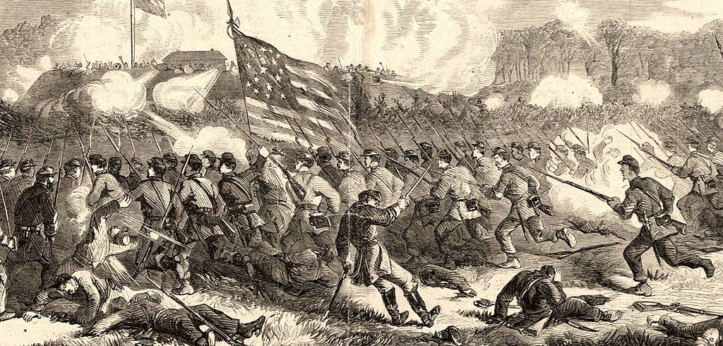 The Battle of Secessionville, James Island, S.C., bayonet charge of Union troops, commanded by Brigadier-General Stevens, Frank Leslie's Illustrated Newspaper.