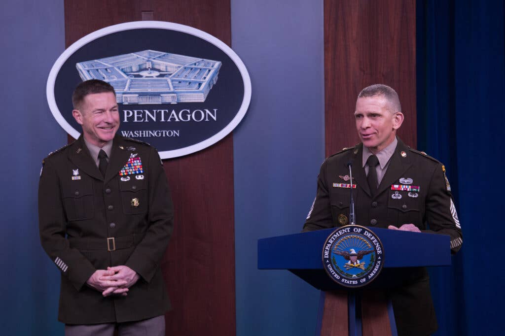 Sgt. Maj. of the Army Michael Grinston speaks at a press briefing to discuss the Army's efforts during the COVID-19 pandemic alongside Chief of Staff of the Army Gen. James McConville at the Pentagon Briefing Room, Washington D.C., March 20, 2020. (DoD photo by Army Staff Sgt. Nicole Mejia)