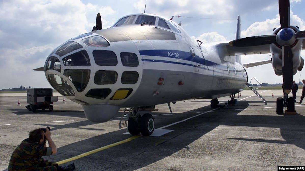  A Russian Antonov airplane on the tarmac at a Brussels military airport, pictured in 2002. The Antonov was about to fly over NATO territory as part of the Open Skies Treaty. 