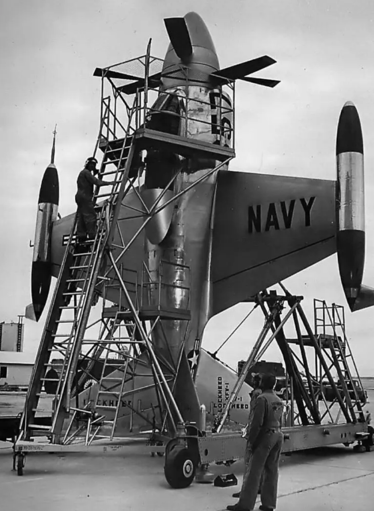 Scaffolding for the pilot to board the XFV-1 (Lockheed)