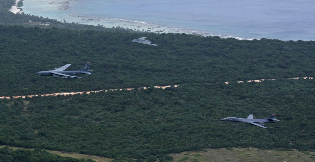 A U.S. Air Force B-52 Stratofortress, B-1 Lancer and B-2 Spirit fly over Guam after launching from Andersen Air Force Base, Guam (U.S. Air Force photo by Senior Airman Joshua Smoot)