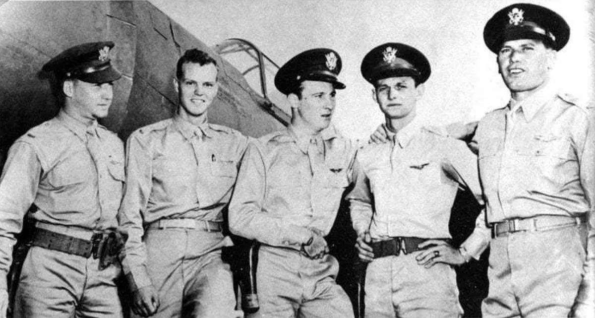 (L-R) 2nd Lt. Harry Brown, 2nd Lt. Philip Rasmussen, 2nd Lt. Kenneth Taylor, 2nd Lt. George Welch, and 1st Lt. Lewis Sanders (National Archives)
