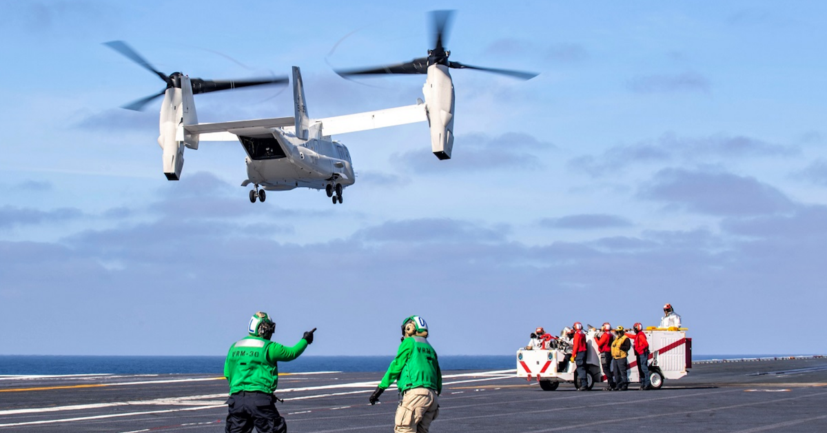 A CMV-22B performs a rolling takeoff from the deck of the Carl Vinson (U.S. Navy)