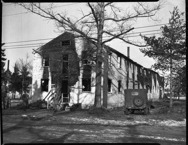 <em>The burned-out of building T-2278 after the fire (U.S. Army)</em>