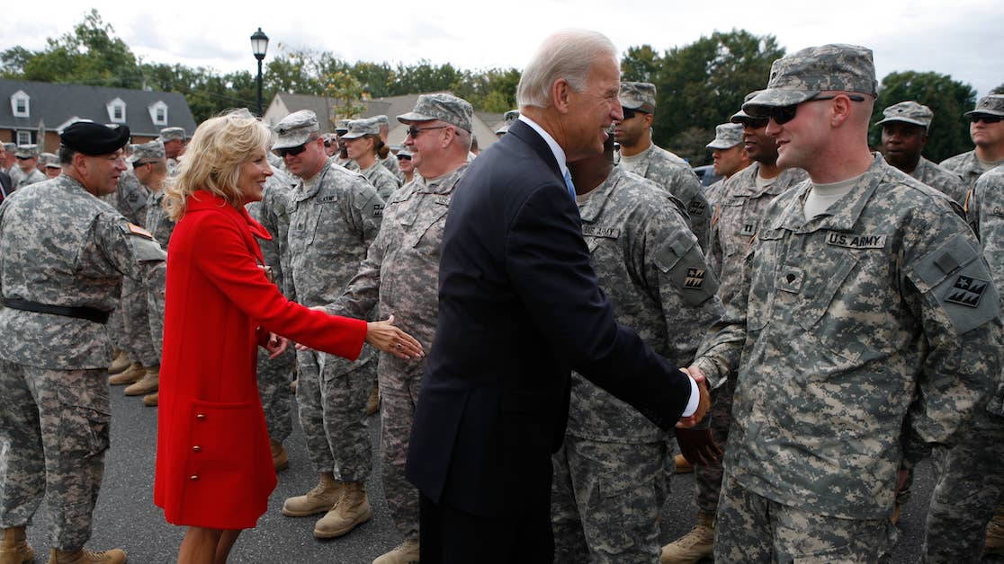 President Biden and wife, Dr. Jill Biden, greet soldiers