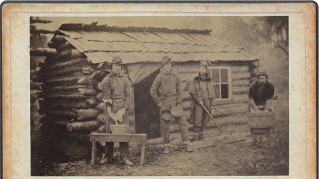 Soldiers of the First Texas Infantry, Confederate States Army, Dumfries, Virginia. It is thought to be by Solomon Thomas Blessing, a soldier from Galveston in General John Bell Hood's Texas Brigade, of troops during the winter of 1861-1862. One of the soldiers is Private Joseph Nagle from Austin.
