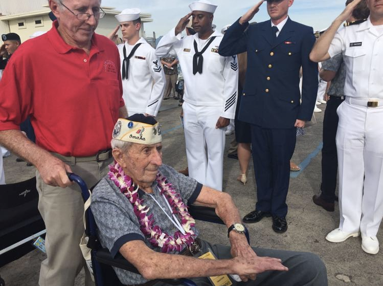 Ed Guthrie at the commemoration of the 75th anniversary of the Pearl Harbor attack in 2016. Photo originally shared by his daughter Peggy Murphy in interview with Omaha World-Herald.