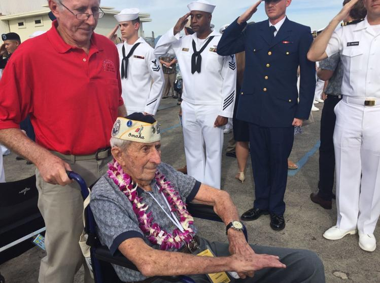 Ed Guthrie at the commemoration of the 75th anniversary of the Pearl Harbor attack in 2016. Photo originally shared by his daughter Peggy Murphy in interview with Omaha World-Herald.