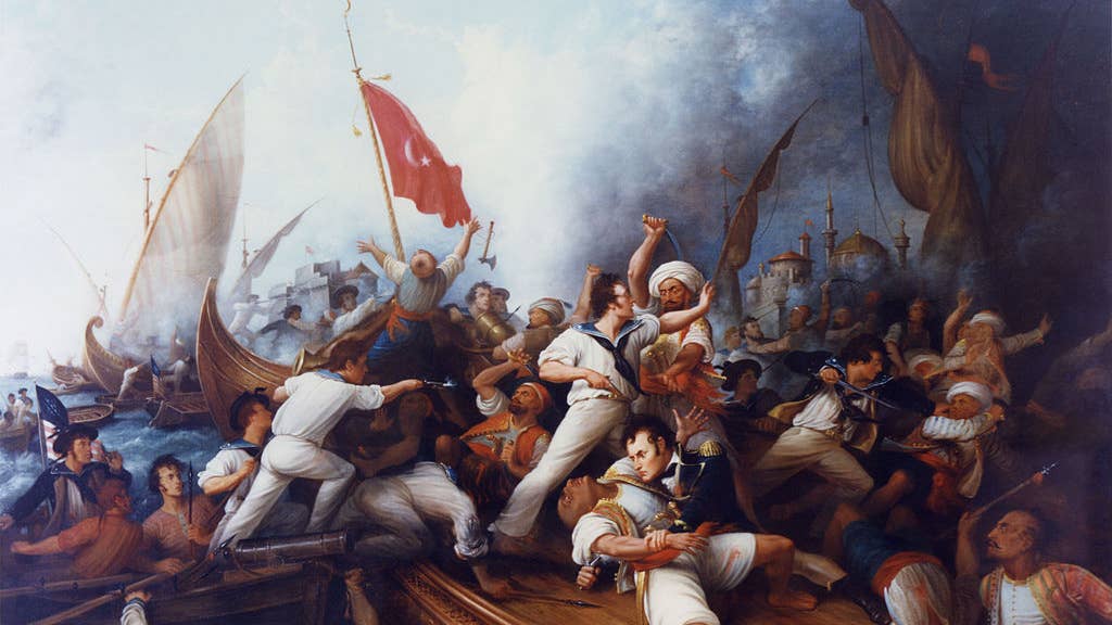 Oil painting of Decatur Boarding the Tripolitan Gunboat during the bombardment of Tripoli, 3 August 1804. Lieutenant Stephen Decatur (lower right center) in mortal combat with the Tripolitan Captain. (Wikipedia)