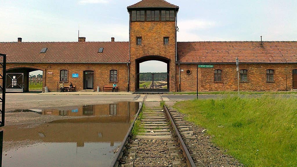 The gatehouse of Auschwitz II, also known as Auschwitz II-Birkenau, a Nazi German extermination camp in occupied Poland during the Holocaust. (Public domain)