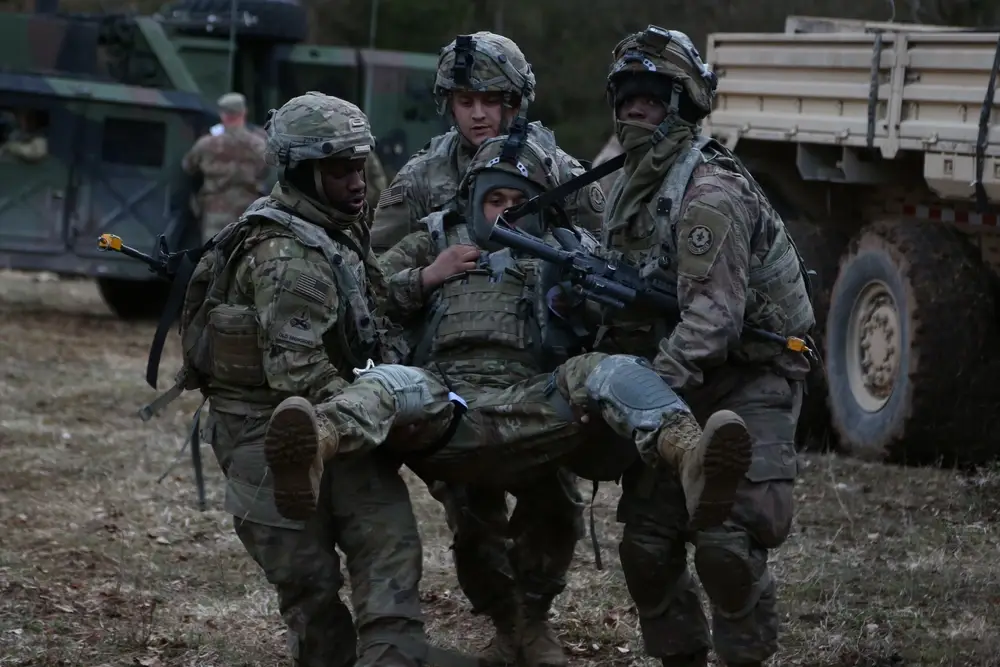 U.S. Army Soldiers assigned to 2nd Cavalry Regiment evacuates a casualty during Dragoon Ready 21 on April 13, 2021 at the Hohenfels Training Area. Daily training, conducted in realistic environments, under realistic circumstances, ensures our forces maintain the highest levels of proficiency and readiness for worldwide deployment. (U.S. Army photo by Spc. Brandon Best)
