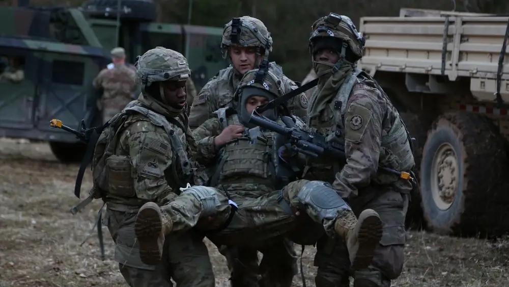 U.S. Army Soldiers assigned to 2nd Cavalry Regiment evacuates a casualty during Dragoon Ready 21 on April 13, 2021 at the Hohenfels Training Area. Daily training, conducted in realistic environments, under realistic circumstances, ensures our forces maintain the highest levels of proficiency and readiness for worldwide deployment. (U.S. Army photo by Spc. Brandon Best)
