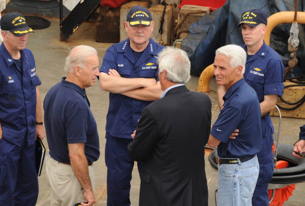PENSACOLA, Fla - Vice President Joseph R. Biden Jr., Gov. Charlie Crist, and Coast Guard Adm. Thad W. Allen, national incident commander, tour the Coast Guard Cutter Oak, a 225-foot buoy tender homeported in Charleston, South Carolina, that has been working to remove oil using the Vessel of Opportunity Skimming System, June 29, 2010.   Coast Guard Photo By Petty Officer 3rd Class Walter Shinn.