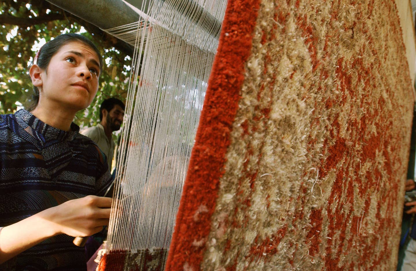 a woman looks at an Afghan war rug