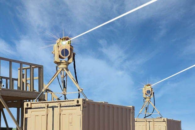 The Marine Corps’ Compact Laser Weapon Systems have been upgraded with stronger beams to take out drones. The laser systems, which can be mounted to vehicles and used on land or aboard ships, have already been used overseas. (Boeing photo)