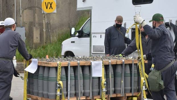 The US military dropped off its last batch of artillery shells carrying deadly VX nerve agent to be destroyed