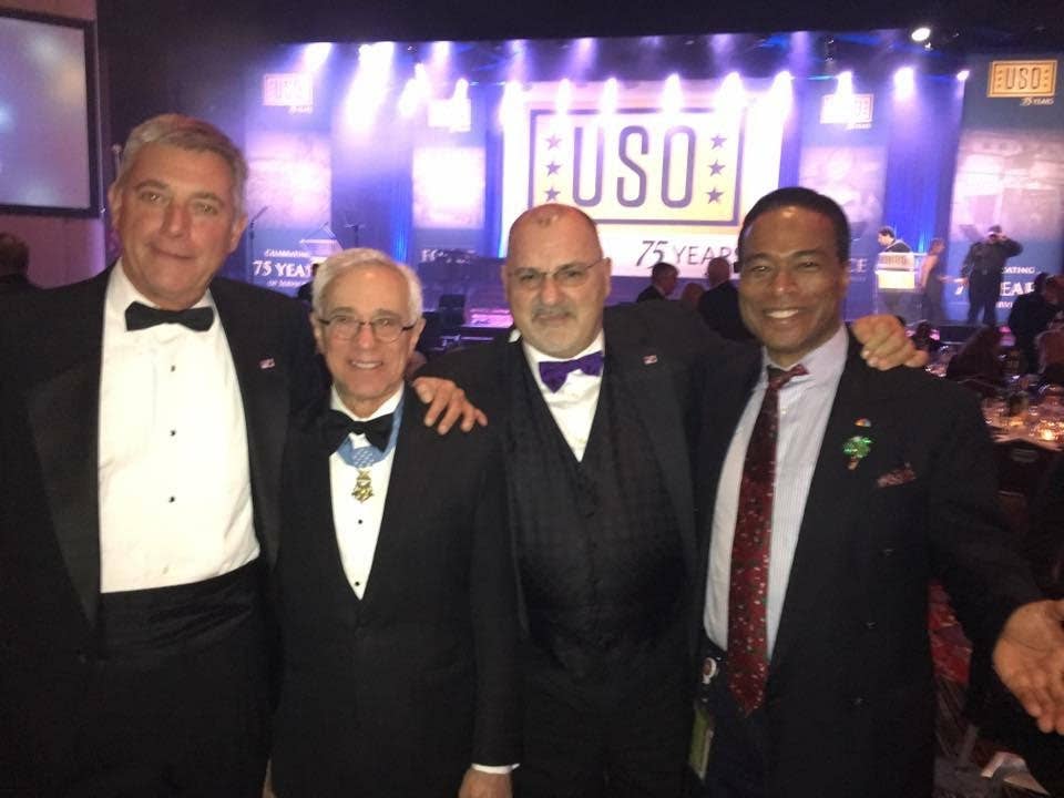 At the NYC USO Gala with Marine, Wayne Miller (far left) who is George Clooney’s stunt double and MOH recipient Jack Jacobs (second from left).&nbsp;