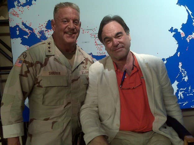 MSgt. Sigloch with Director and fellow veteran Oliver Stone on the set of <em>W</em>. Photo courtesy of Matt Sigloch.