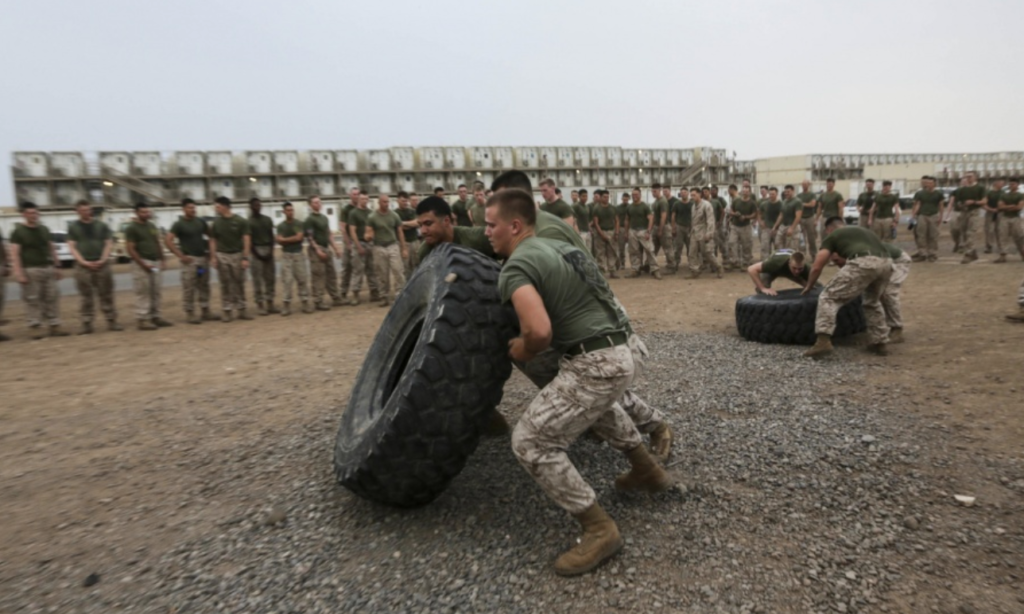 U.S. Marines with India Company, Battalion Landing Team 3rd Battalion, 1st Marine Regiment, 15th Marine Expeditionary Unit, perform tire flips during a physical-training competition. Elements of the 15th MEU are ashore in Djibouti for sustainment training to maintain and enhance the skills they developed during their pre-deployment training period. The 15th MEU is currently deployed in support of maritime security operations and theater security cooperation efforts in the U.S. 5th Fleet area of operations. (U.S. Marine Corps photo by Sgt. Jamean Berry/Released)