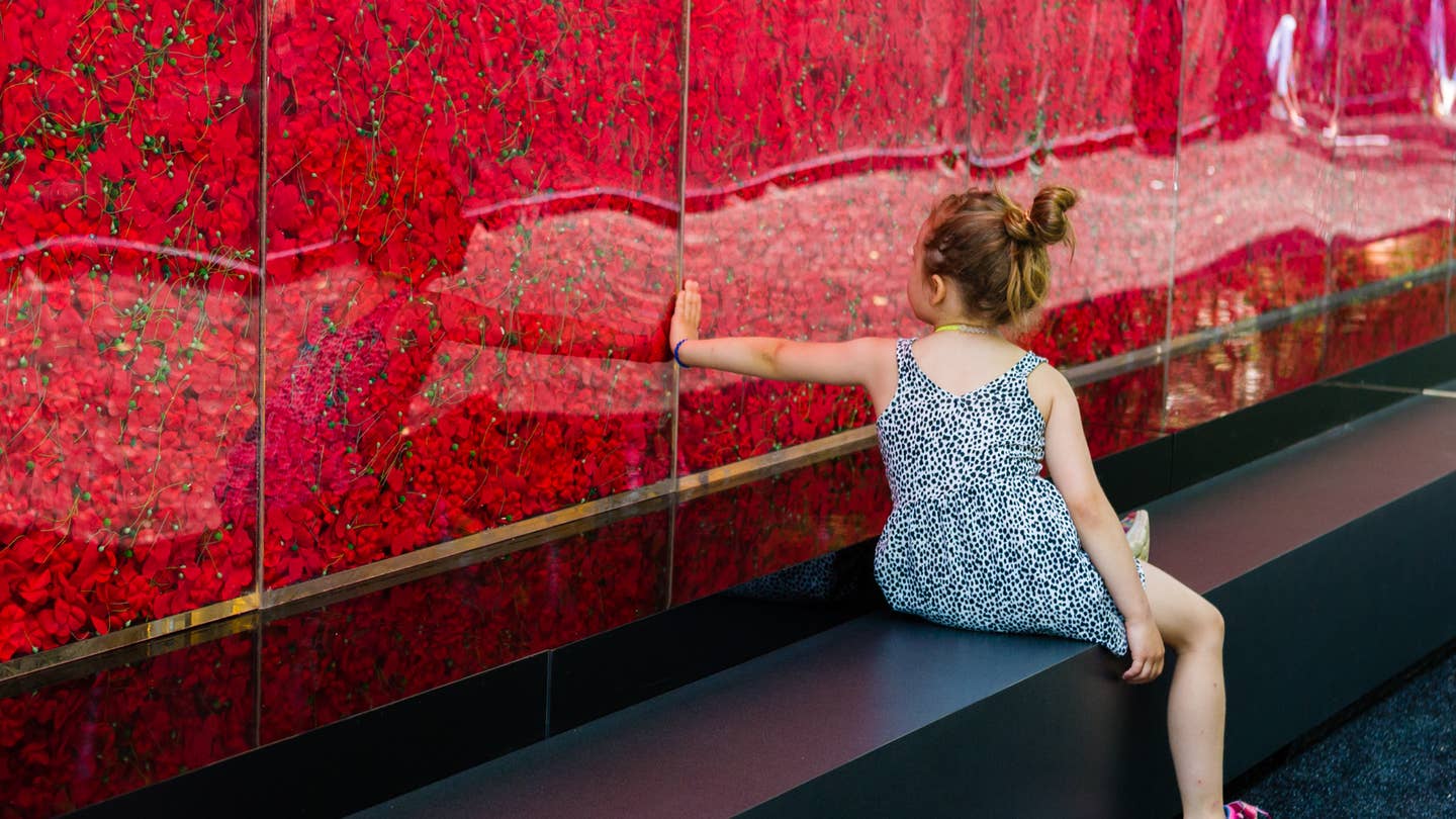Girl visits The Poppy Memorial, a temporary memorial made by USAA consisting of more than 645,000 poppy flowers, with each flower honoring a fallen military servicemember since World War I, is seen at the National Mall on May 25, 2018 in Washington, D.C. (Photo by Rodney Choice/AP Images for USAA) Photo provided by USAA.