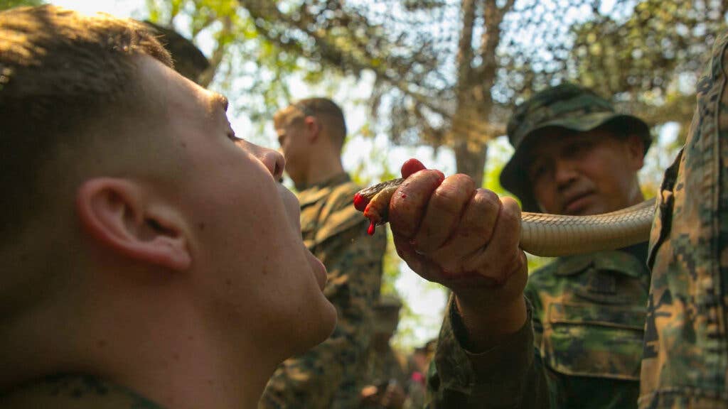 Lance Cpl. Dakota Woodward, from Brandon, Florida, drinks cobra blood Feb. 8 during exercise Cobra Gold 2015. (U.S. Marine Corps photo by Cpl. Isaac Ibarra/Released)