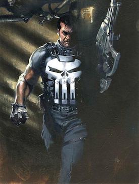 An animated photo of a hero wearing The Punisher logo on his chest while carrying a weapon