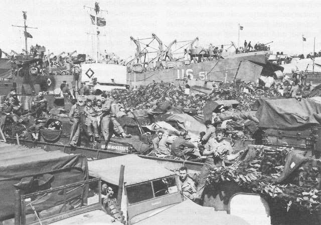 Troops are loaded on landing ships bound for Normandy, June 1944. US Army photo