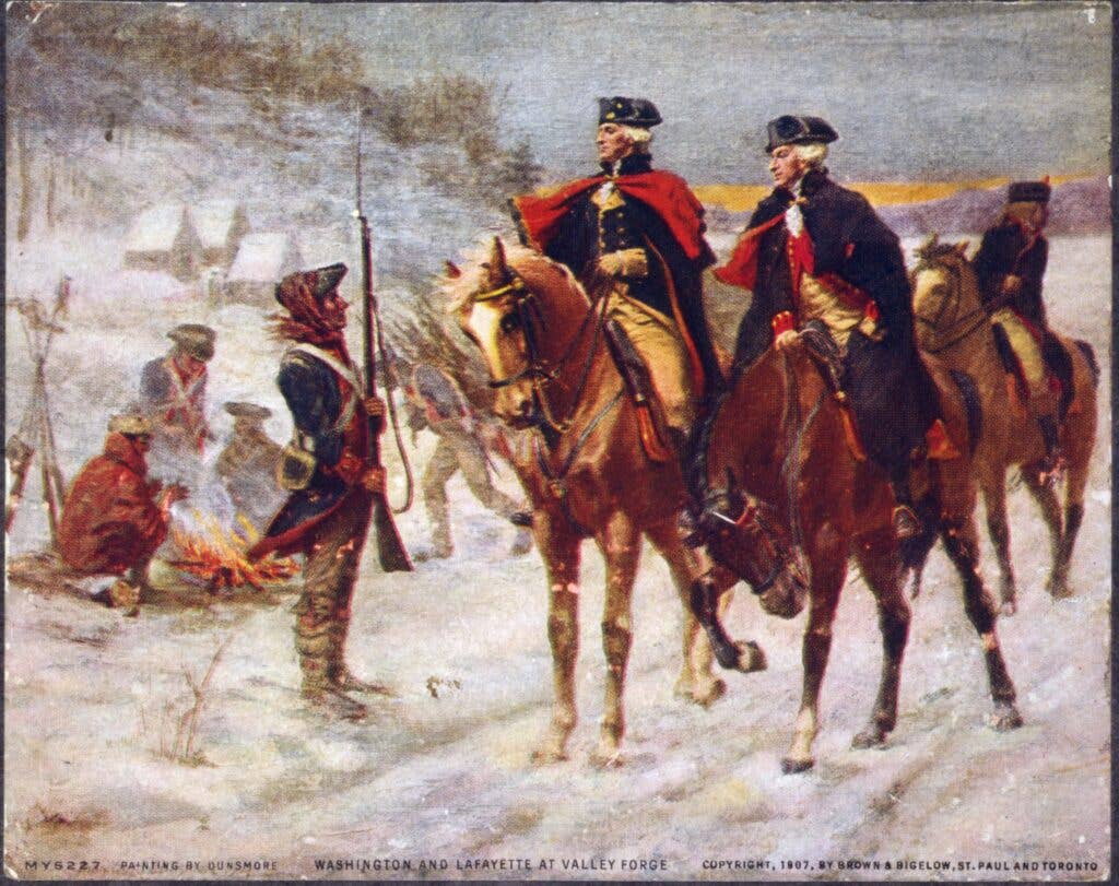John Ward Dunsmore's 1907 depiction of Lafayette (right) and Washington at Valley Forge (<a href="https://commons.wikimedia.org/wiki/File:Washington_and_Lafayette_at_Valley_Forge.jpg" target="_blank" rel="noreferrer noopener">Wikimedia Commons</a>)