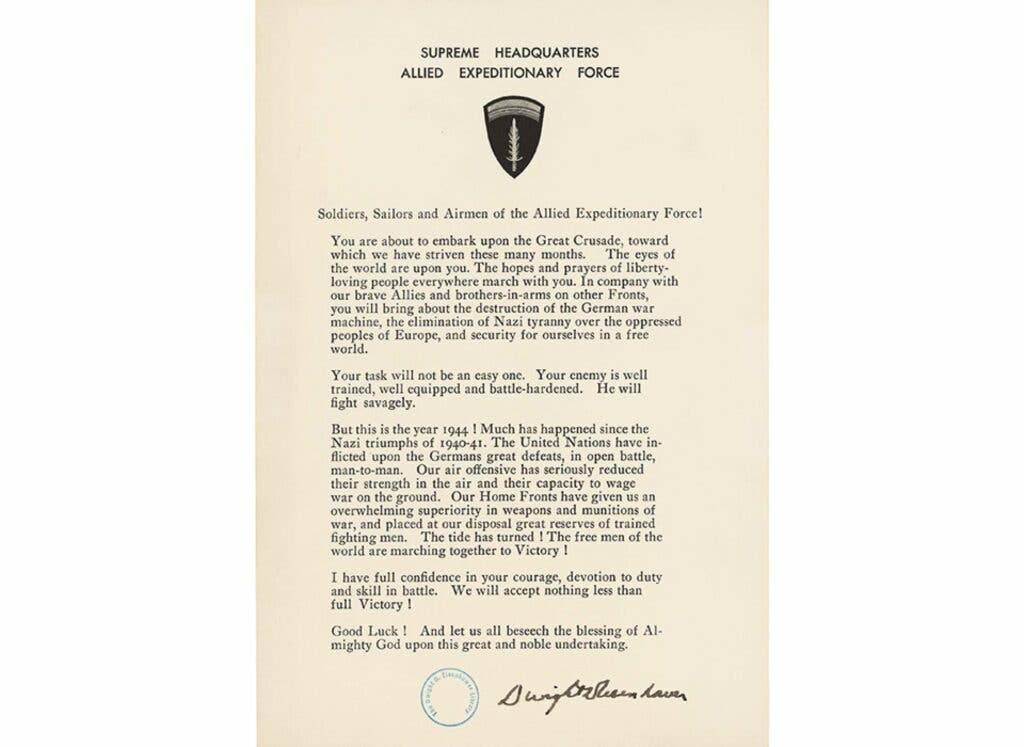 General Dwight Eisenhower’s Order of the Day, delivered to Allied personnel on June 6, 1944. (Image: Eisenhower Presidential Library.)