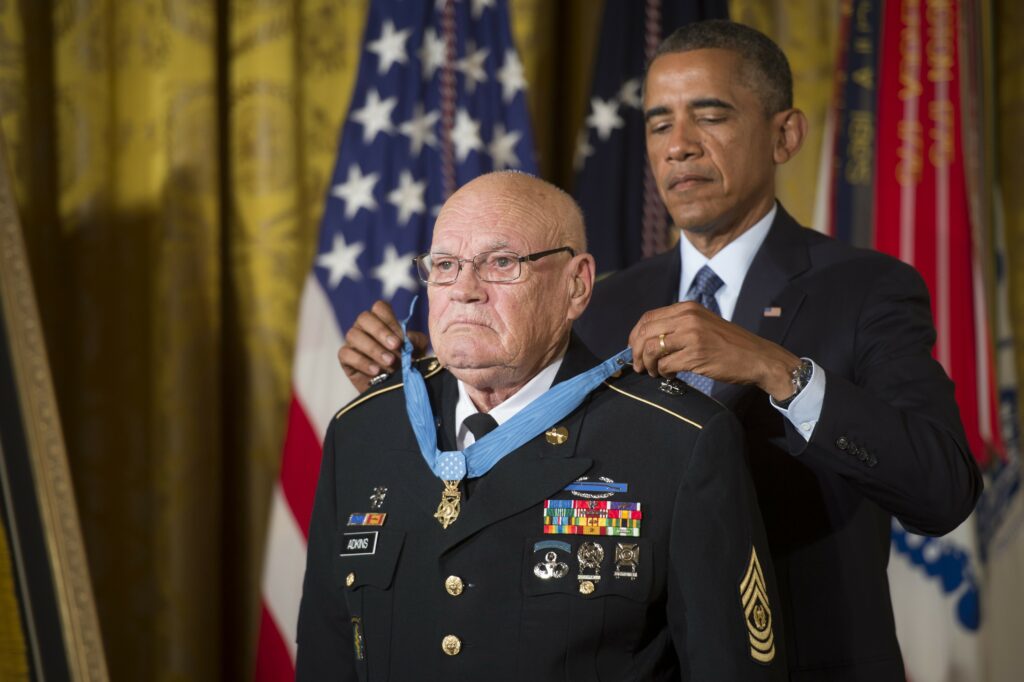 Adkins receiving his Medal of Honor in 2014 from President Obama (U.S. Army)