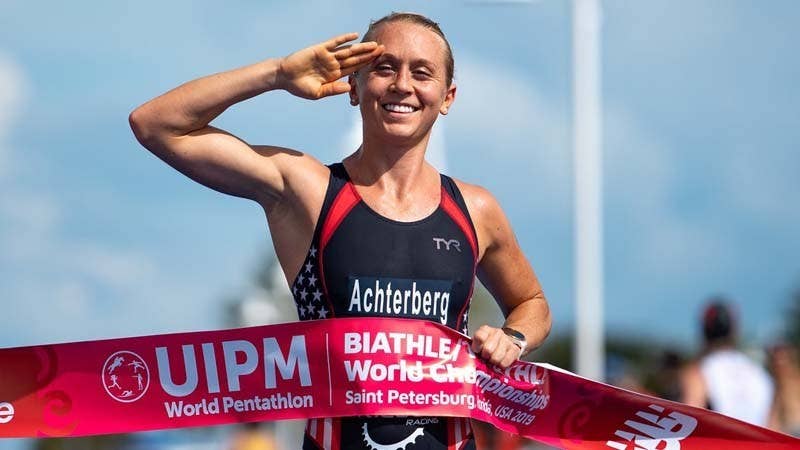 U.S. Army Sgt. Samantha Schultz crosses the finish line during the 2019 Biathle/Triathle World Championships in St. Petersburg, Florida. Schultz qualified for the Olympics in Tokyo by placing second at the 2019 Pan-American Games modern pentathlon in Lima, Peru. (Courtesy photo)