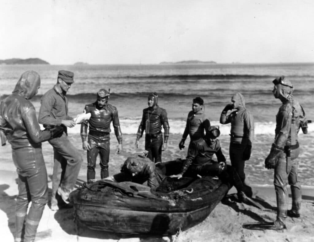 The UDT/ "Frogmen," predecessors to today's SEALs, on a mission to clear mines off the coast of North Korea in 1950 (U.S. Navy / National Archives)