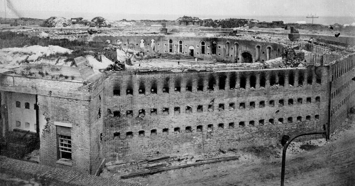 Fort Morgan, Mobile Point, Alabama, 1864, showing damage to the south side of the fort.