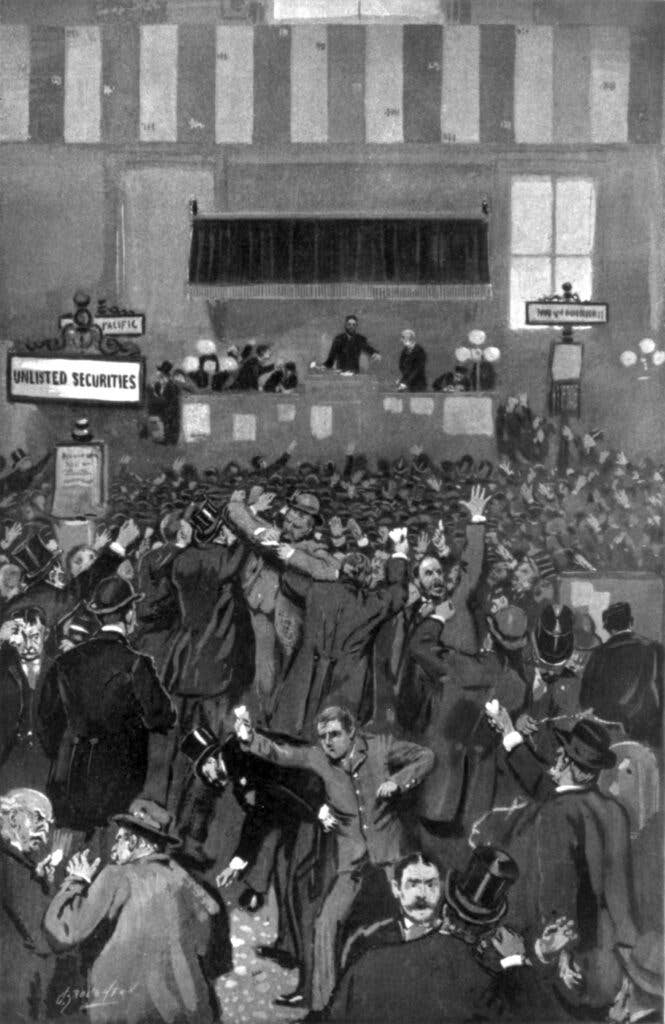 Drawing in&nbsp;<em><a href="https://en.wikipedia.org/wiki/Frank_Leslie%27s_Illustrated_Newspaper">Frank Leslie's</a></em>&nbsp;of panicked stockbrokers on May 9, 1893. (Unknown artist/ Library of Congress)