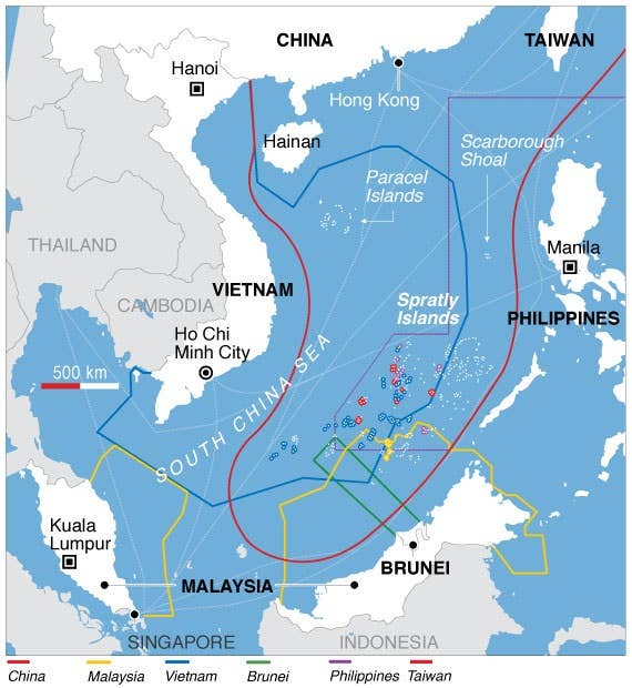 Territorial claims in the South China Sea. China's line crosses all the other countries' lines, and, well... you see where this is going. (Voice of America/ Wikimedia Commons)