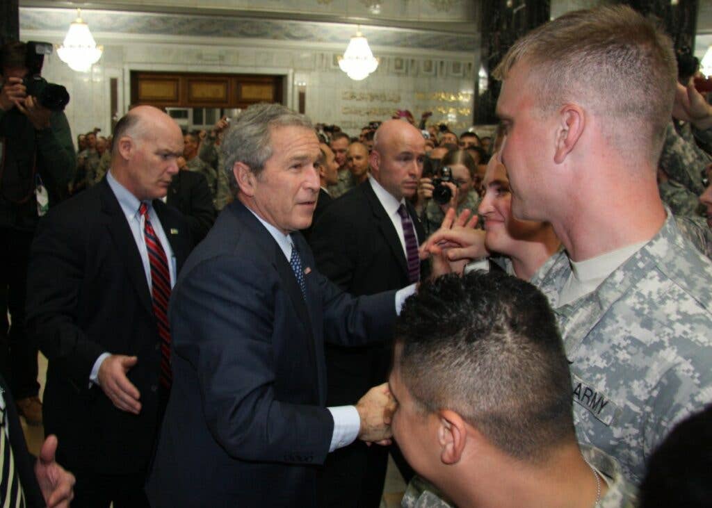 President Bush visiting troops at Bagram Airfield in 2008 (U.S. Army)